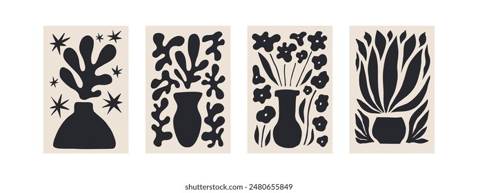 Abstract Matisse Floral Posters Set. Modern Botanical Background in Contemporary Minimal Style. Trendy Groovy Vector Illustration in Beige and Black Colors for T-shirts, Wallpaper, Case Phones