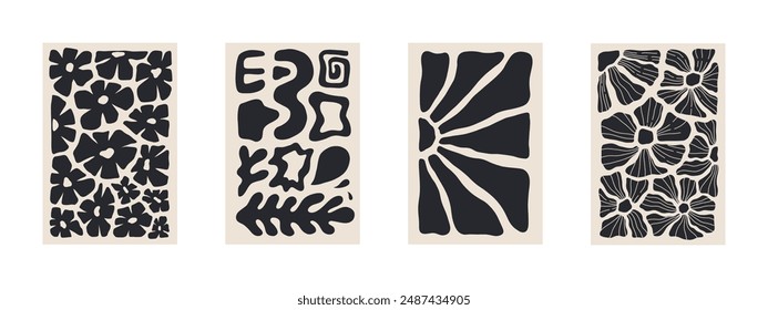 Abstractas conjunto de pósters florales Matisse. Fondo botánico moderno en estilo minimalista contemporáneo. Ilustración vectorial Groovy de moda en beige y negro Colores para camisetas, Fondo de pantalla, caja Teléfonos