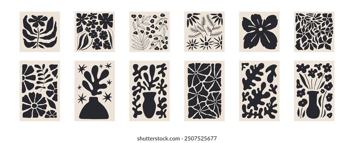 Abstract Matisse Floral Posters Set. Modern Botanical Background in Contemporary Minimal Style. Trendy Groovy Vector Illustration in Beige and Black Colors for T-shirts, Wallpaper, Case Phones