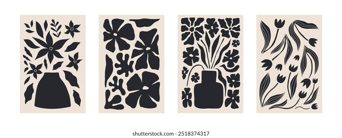 Abstract Matisse Floral Posters Set. Modern Botanical Background in Contemporary Minimal Style. Trendy Groovy Vector Illustration in Beige and Black Colors for T-shirts, Wallpaper, Case Phones