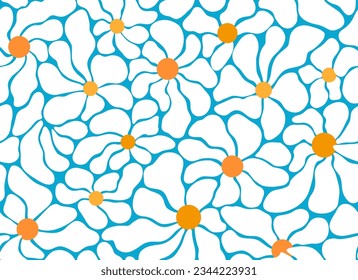 Abstract matisse floral seamless pattern with outline shapes of blue chamomile. Flat vector design in trendy naive retro style. 
