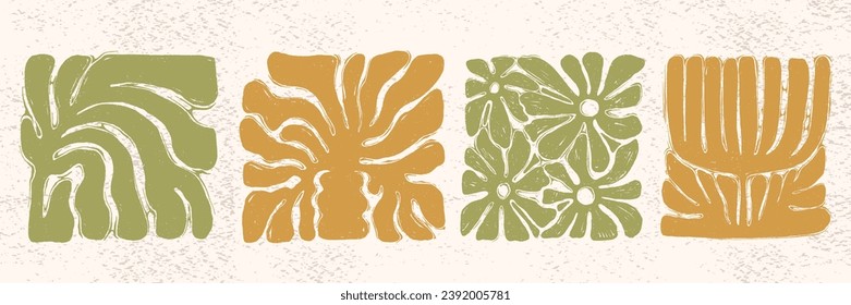 Matisse abstracto de la huella de linóculo floral, estampado de colaje naive vintage orgánico vectage, arte contemporáneo. Afiche floral geométrico de moda, estampado de flor de textura gruesa y timbre de flor creativo. Afiche de la flor de Matisse