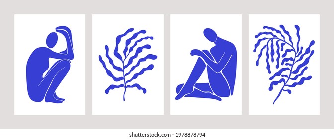 Abstract Matisse inspired art print set. Mid century contemporary posters female silhouettes and leaves. Vector backgrounds