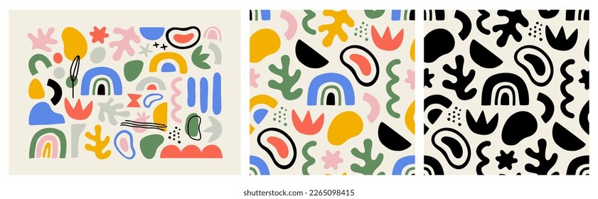 Abstract matisse inspired pattern set with colorful freehand doodles. Organic flat cartoon background collection, simple random shapes in bright childish colors. 