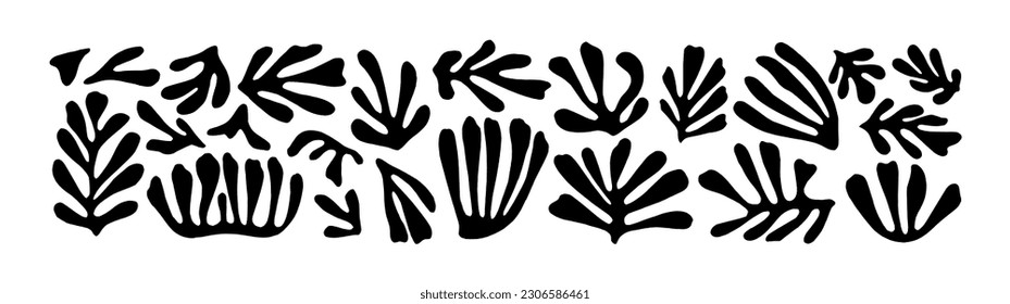 Resumen de matismos inspirados en elementos vegetales. Siluetas de ramas pequeñas con hojas, algas, ramas orgánicas. Ilustración de tinta vectorial contemporánea en estilo Matisse. Diseño en estilo de corte de papel.