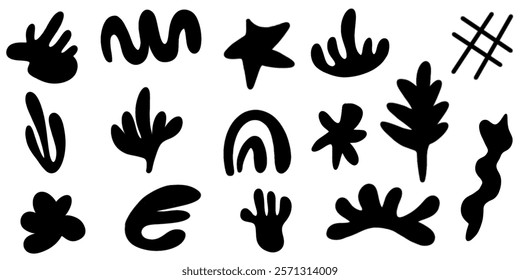 Abstract matisse inspired plant elements. Small branch Black silhouettes with leaves, algae, organic shapes branches. Contemporary vector ink illustration in Matisse style. Design in paper cut style.