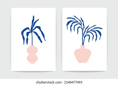 Abstract Matisse inspired posters. Mid century contemporary floral art print blue branches in vases. Vector illustration