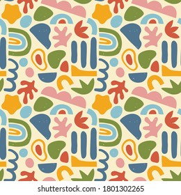 Abstract matisse inspired seamless pattern with colorful freehand doodles. Organic flat cartoon background, simple random shapes in bright childish colors. 