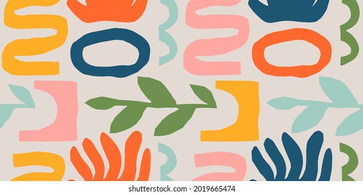 Abstract matisse inspired seamless pattern with colorful freehand doodles. Organic flat cartoon background, simple random cutout shapes in bright childish colors. 