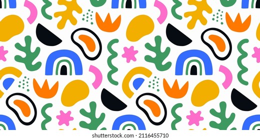 Abstract Matisse Inspired Seamless Pattern With Colorful Freehand Doodles. Organic Flat Cartoon Background, Simple Random Shapes In Bright Childish Colors. 