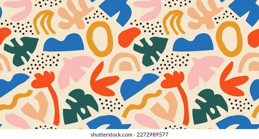 Abstract matisse inspired seamless pattern with colorful freehand doodles. Organic flat cartoon background, simple random shapes in bright childish colors. 