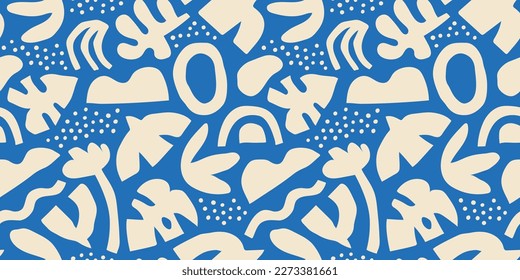 Abstract matisse inspired seamless pattern with colorful freehand doodles. Organic flat cartoon background, simple random shapes in bright childish colors. 