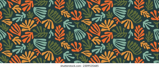 Abstract matisse inspired seamless pattern. Organic shape plant elements in neutral colors. Small branch silhouettes with leaves, algae, organic shapes branches ornament. Modern decorative pattern.