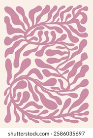 Abstract matisse pink botanical poster. Hand drawn flowers infantile style. Organic doodle shapes Matisse style, naive art, contemporary backgrounds. Botanic vector illustration