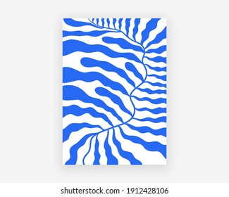 Abstract Matisse plant. Botanical poster with blue algae branch, contemporary minimalist wall art. Vector illustration