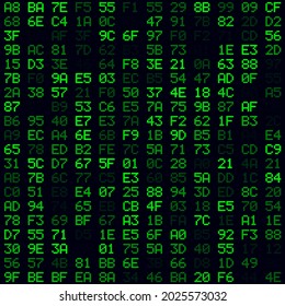 Abstract Matrix background. Green filled hexadecimal pairs background. Small sized seamless pattern. Vibrant vector illustration.