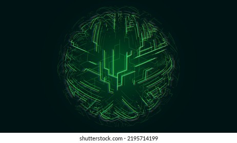 Abstract Matrix Glitch Green 3D HiTech Sphere. Vivid Lines Background. Futuristic Style HUD Element. Spherical Object Vector Illustration.