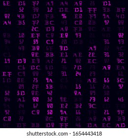 Abstract matrix pattern with magenta-filled hexadecimal pairs. Seamless vector illustration.