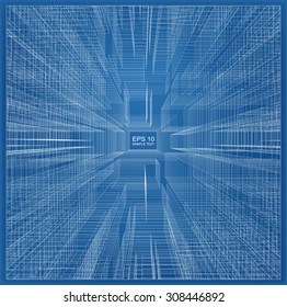 Abstract matrix wireframe of building. Vector illustration.