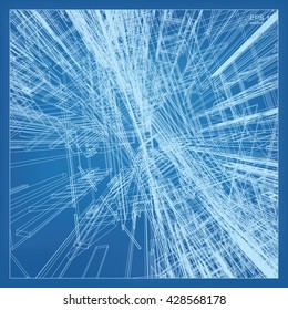 Abstract matrix wireframe perspective space. 3D render of building wireframe structure. Vector construction graphic idea.