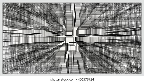 Abstract matrix wireframe space of virtual zoom. Vector construction graphic idea.