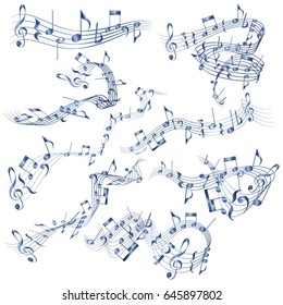 Abstract matted stave with blue gloss gradient.Musical notes on curly lines. Set of vector tangled musical scores.