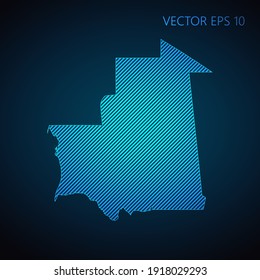 Resumen de la plantilla de mapa de Mauritania hecha de líneas diagonales azules en fondo oscuro. Ilustración del vector EPS10.
