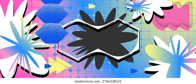 Abstract maximalism background with geometric Y2k shapes. Chaotic trendy composition
