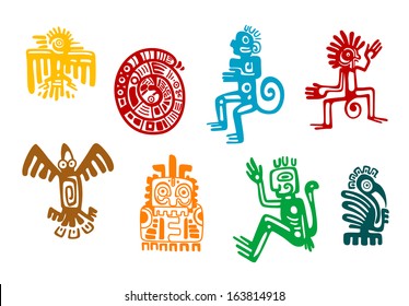 Abstract maya and aztec art symbols isolated on white background