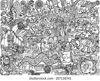 Abstract mayan background with plants, animals, reptiles, flowers, masks, people and symbols.