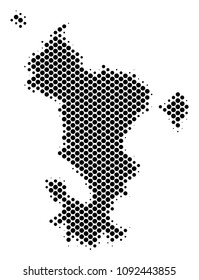 Abstract Mayotte Island map. Vector halftone territory scheme. Cartographic pixelated concept. Schematic Mayotte Island map is constructed with regular round cell pattern.