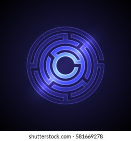Abstract maze background with glowing light. Labyrinths in shape of circle. Modern design of mystery pattern for business, decoration. Vector illustration on gradient background.