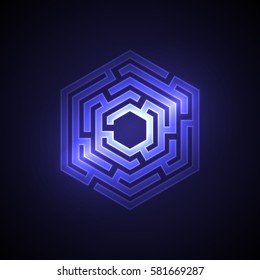 Abstract maze background with glowing light. Labyrinths in shape of hexahedron. Modern design of mystery pattern for business, decoration. Vector illustration on gradient background.