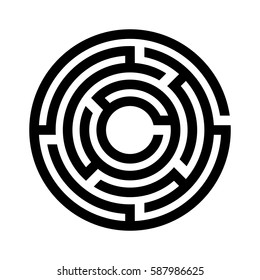 Abstract maze background. Labyrinths in shape of circle. Modern design of mystery pattern for business, decoration, logo. Vector illustration isolated on white.