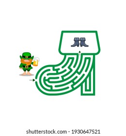 Abstract maze boot. St.Patrick's Day. Help the leprechaun find boots. Game for children and parents. Puzzle for kids. Labyrinth conundrum. Flat vector illustration. 