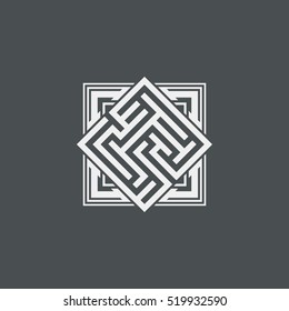 Abstract maze element, maze emblem, square ornament, pattern