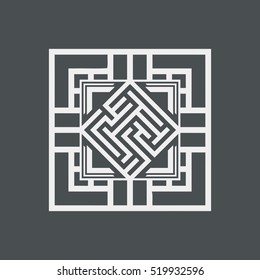Abstract maze element, maze emblem, square ornament, pattern