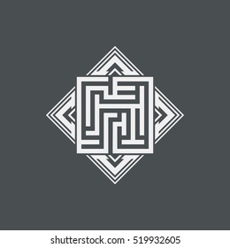 Abstract maze element, maze emblem, square ornament, pattern
