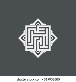 Abstract maze element, maze emblem, square ornament, pattern