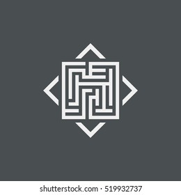 Abstract maze element, maze emblem, square ornament, pattern
