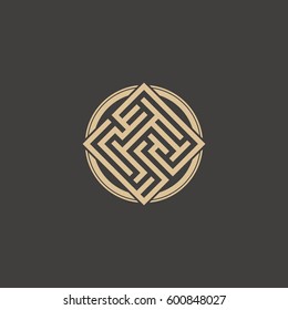 Abstract maze element. Maze emblem. Square ornament. Pattern.