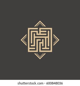 Abstract maze element. Maze emblem. Square ornament. Pattern.