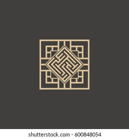 Abstract maze element. Maze emblem. Square ornament. Pattern.