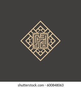 Abstract maze element. Maze emblem. Square ornament. Pattern.
