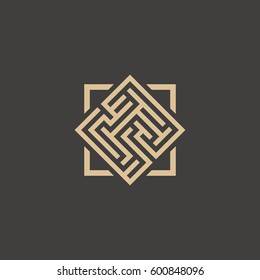 Abstract maze element. Maze emblem. Square ornament. Pattern.