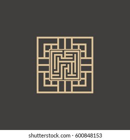 Abstract maze element. Maze emblem. Square ornament. Pattern.