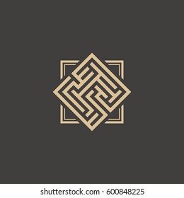 Abstract maze element. Maze emblem. Square ornament. Pattern.