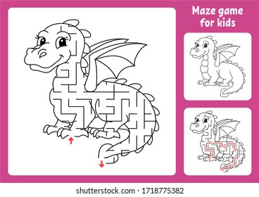 Abstract maze. Fairytale dragon. Game for kids. Puzzle for children. Labyrinth conundrum. Find the right path. Education worksheet. With answer.