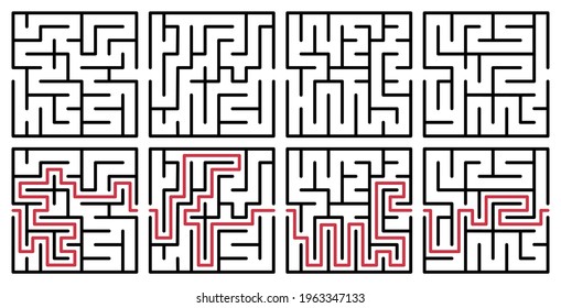 Abstract maze. Find right way. Isolated simple square maze black line on white background. Vector illustration.
