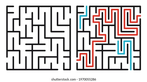 Abstract maze. Find right way. Isolated simple square maze black line on white background. Vector illustration.